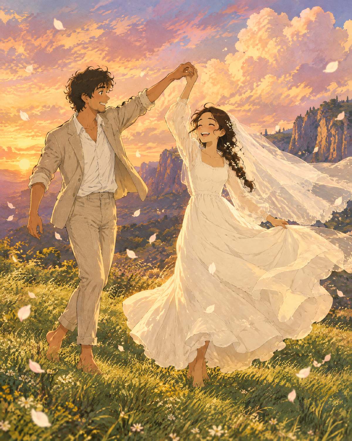 Lucía y Mateo bailando descalzos al atardecer