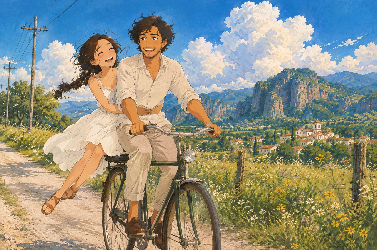 Lucía y Mateo en una bici por un camino de campo