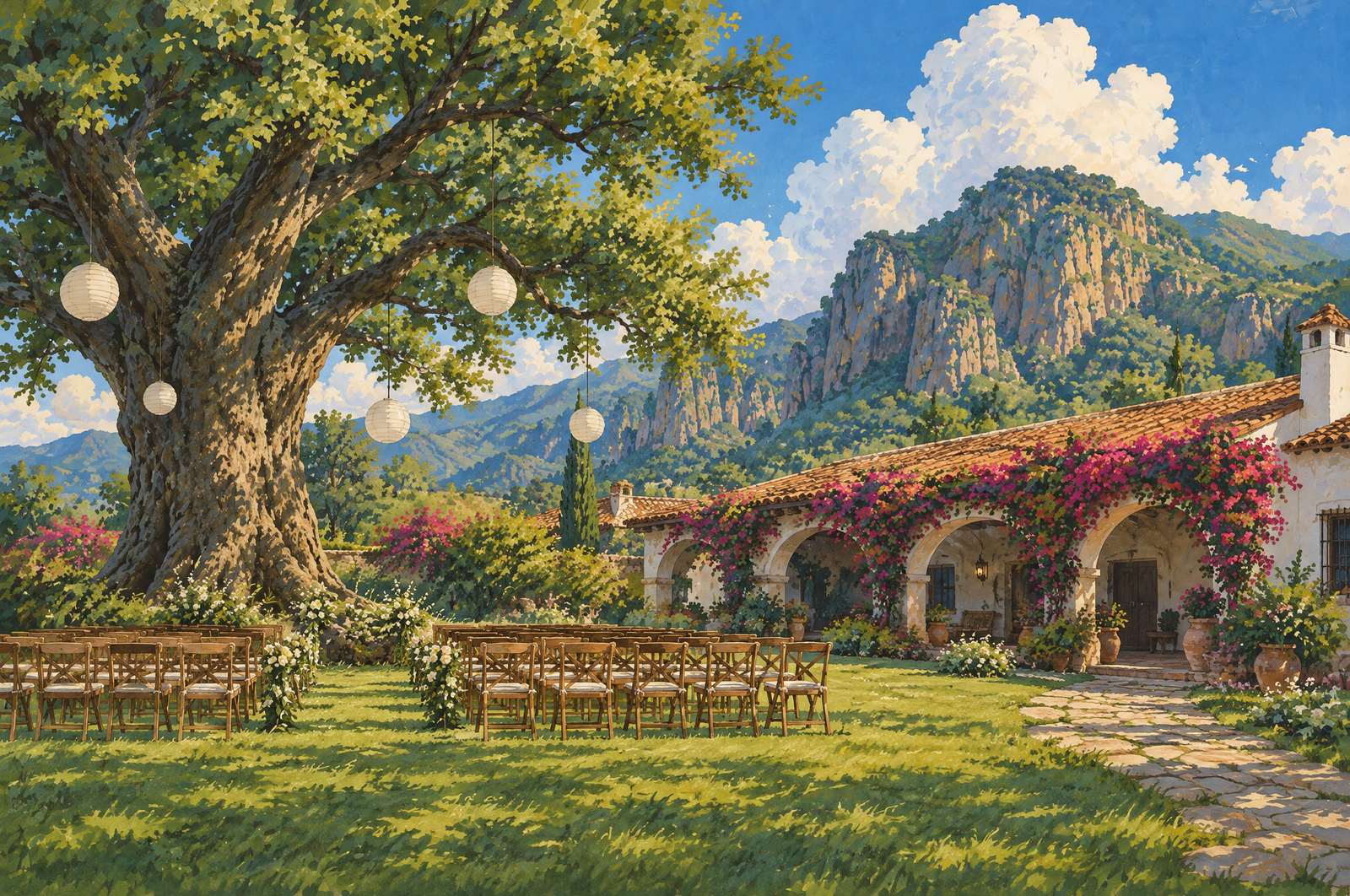 La Casa del Amate, con su árbol de faroles y las sillas en el jardín