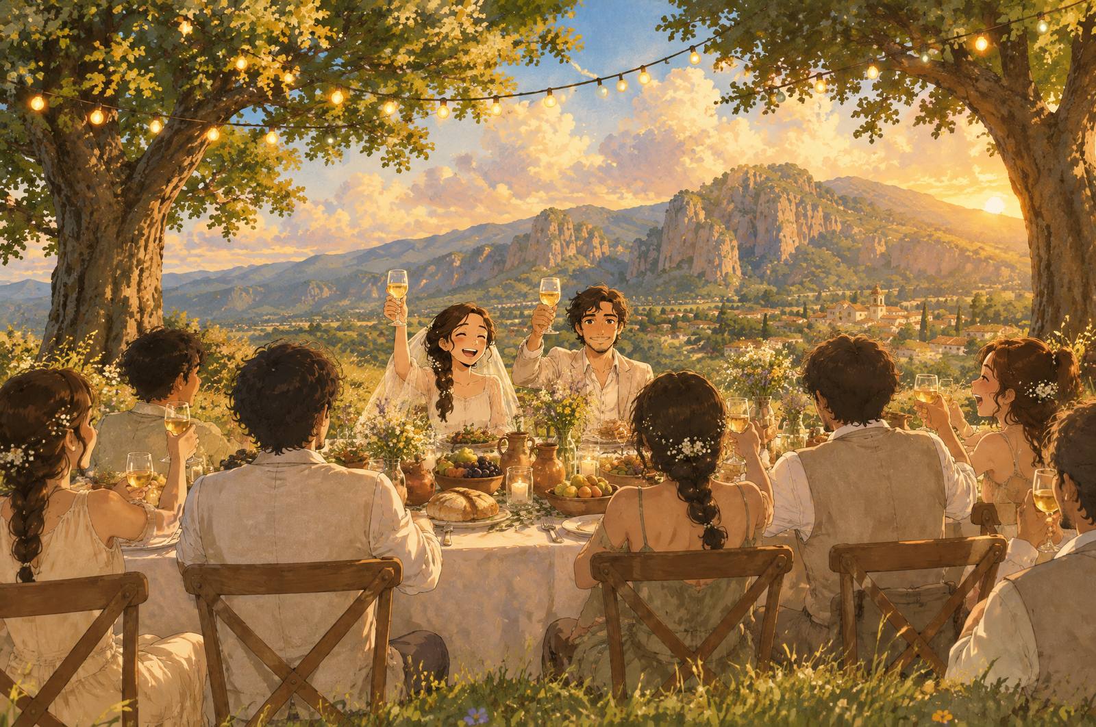 Una mesa larga con invitados brindando al atardecer