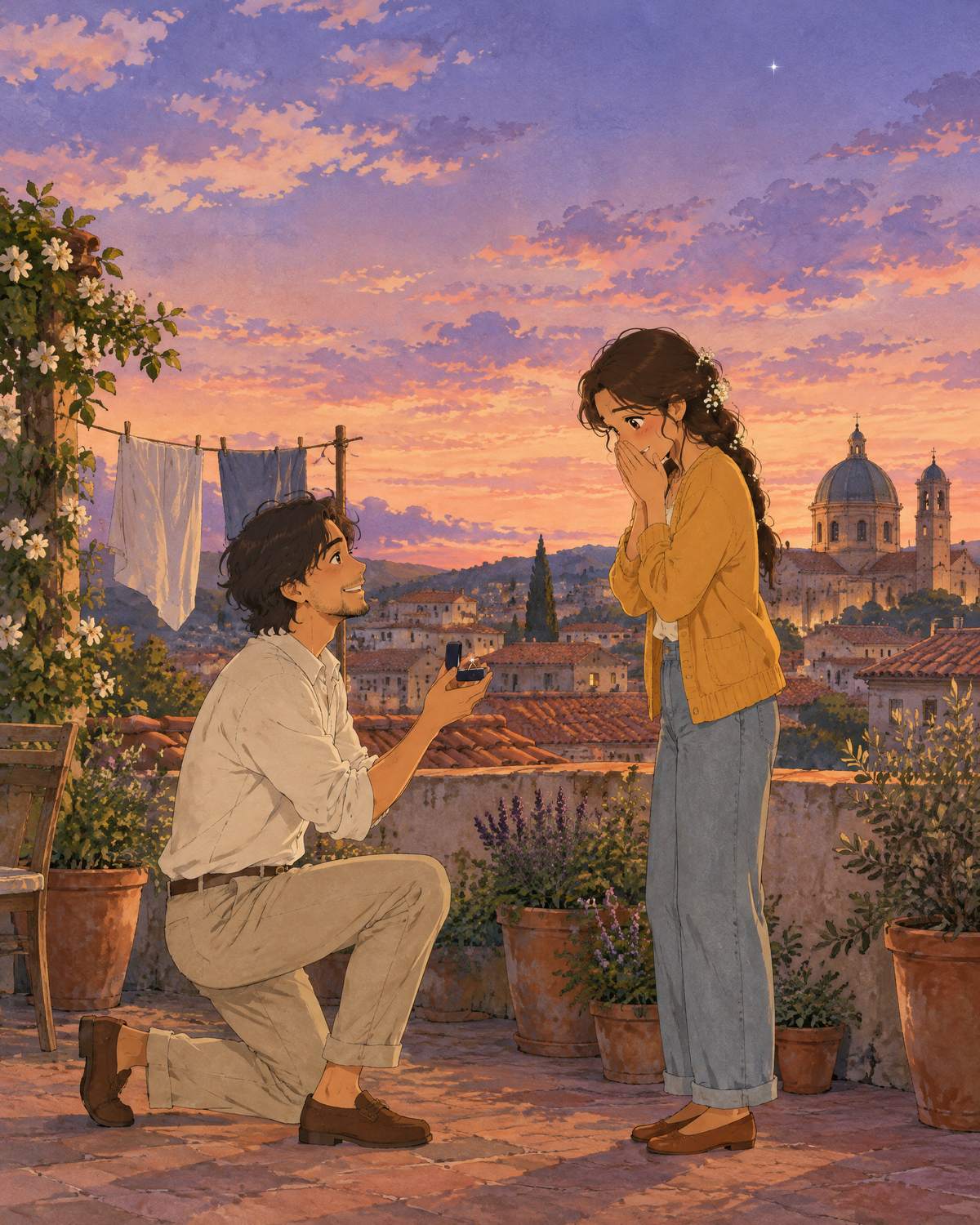 Mateo de rodillas en una azotea al atardecer