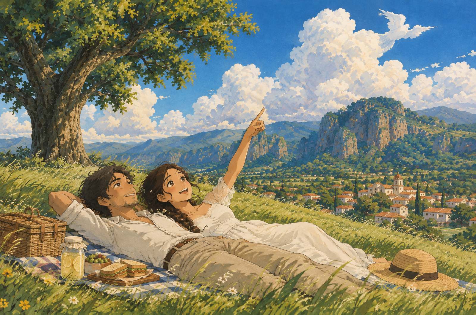 Los dos acostados en el pasto buscando formas en las nubes