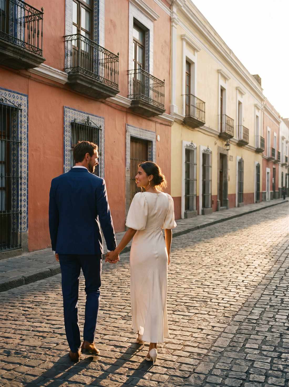 Ximena y Andrés caminando por una calle de Puebla