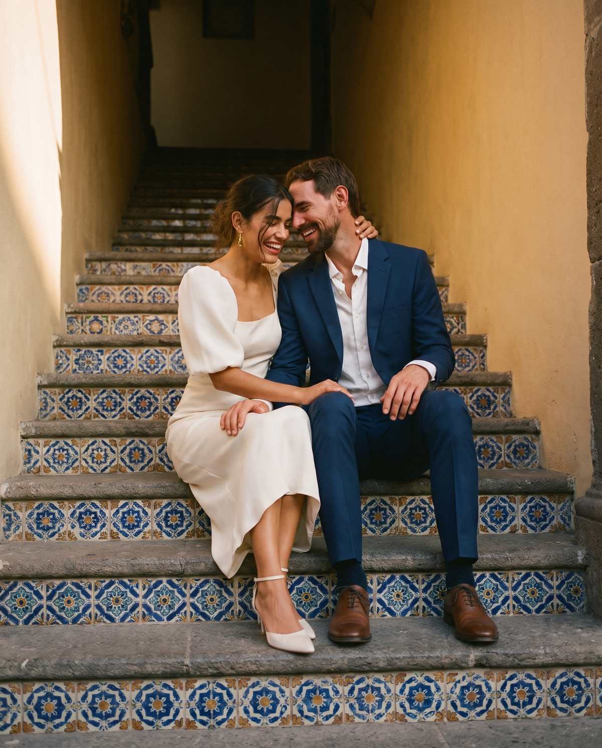 Los dos sentados en una escalera de azulejos